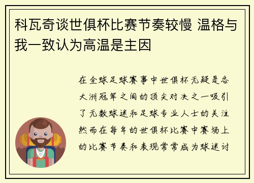 科瓦奇谈世俱杯比赛节奏较慢 温格与我一致认为高温是主因